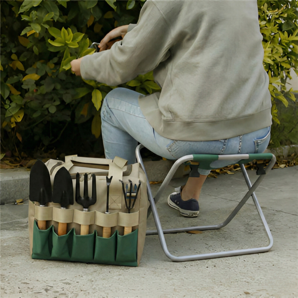 Gartengeräte-Set, 6-teilig, mit klappbarem Hocker und Tasche | Sansoti