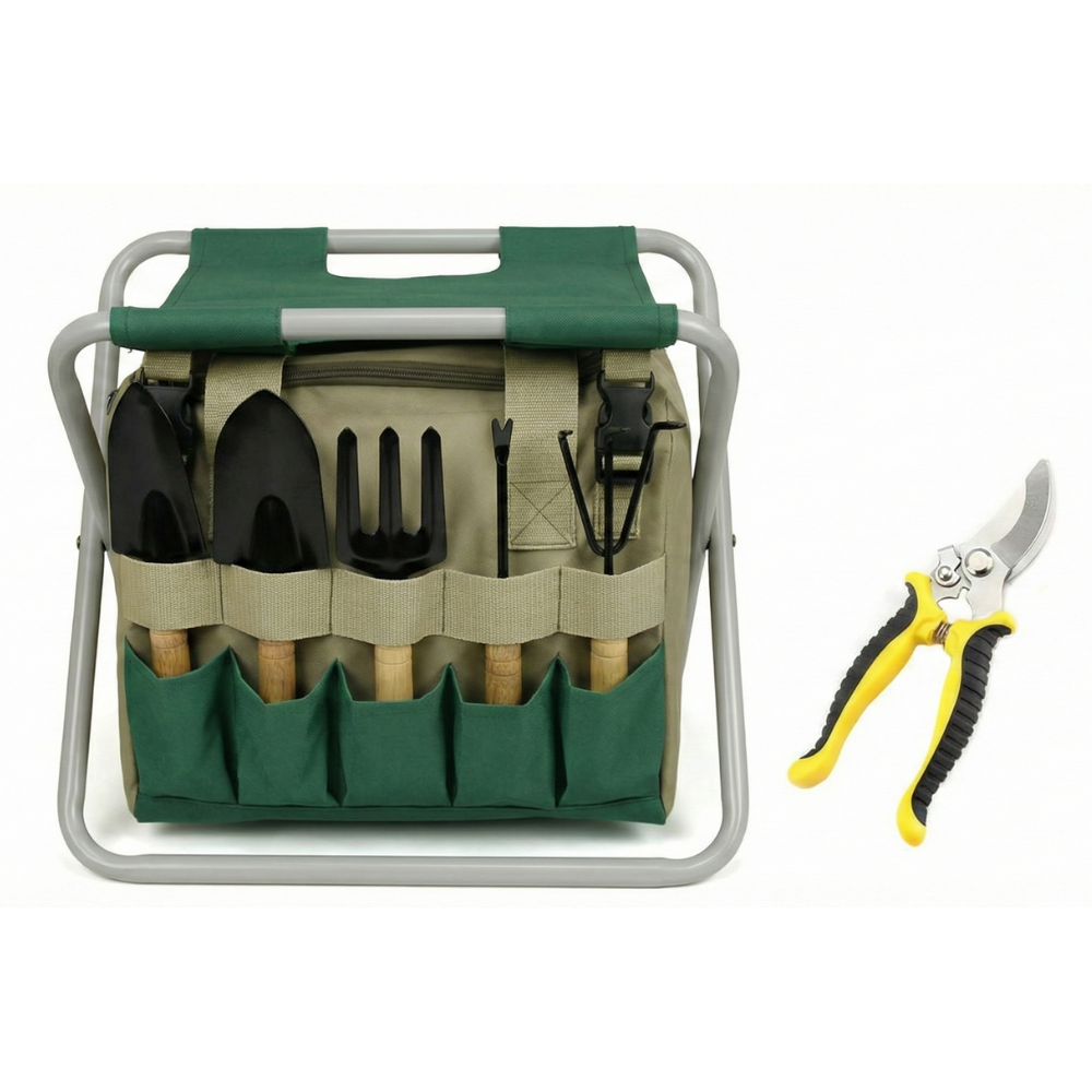 Gartengeräte-Set, 6-teilig, mit klappbarem Hocker und Tasche | Sansoti