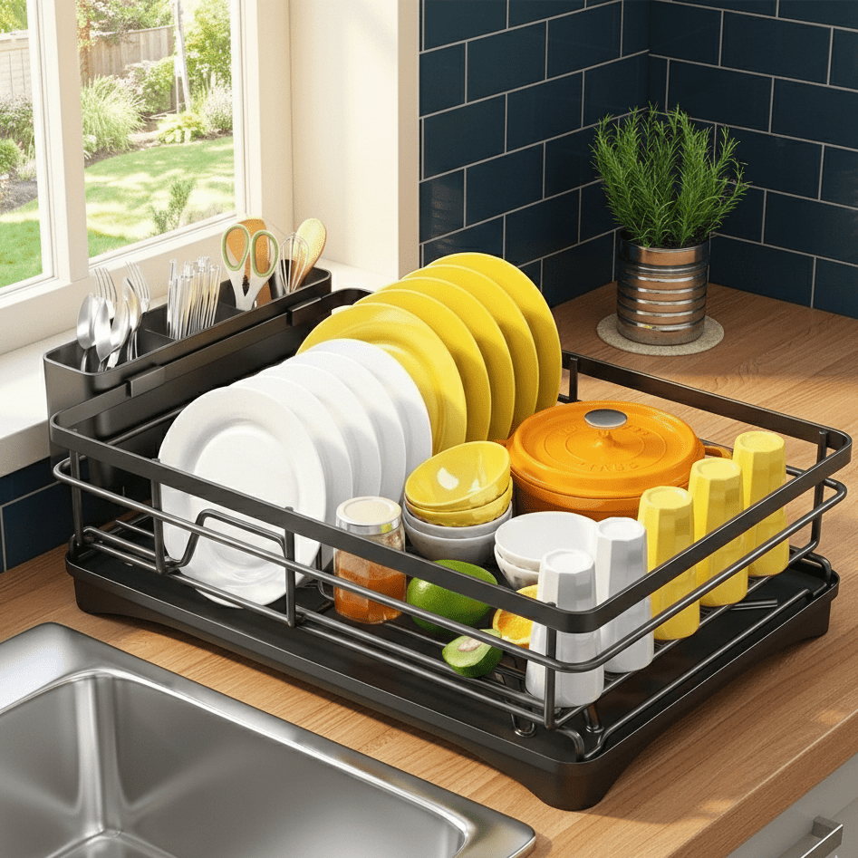Kitchen Dish Rack with Drip Tray for Washing, Storage and Drying Cutlery, Crockery and Tableware Kitchen Accessories Dishwashing Basin | Sansoti