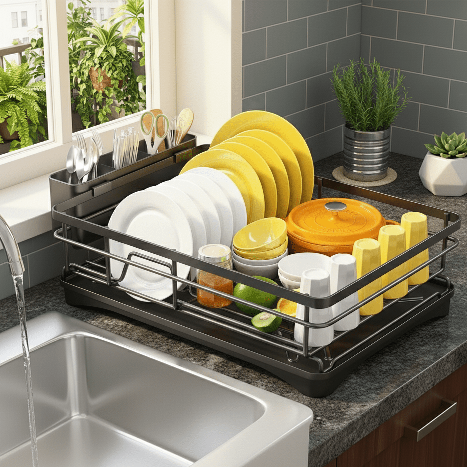 Kitchen Dish Rack with Drip Tray for Washing, Storage and Drying Cutlery, Crockery and Tableware Kitchen Accessories Dishwashing Basin | Sansoti