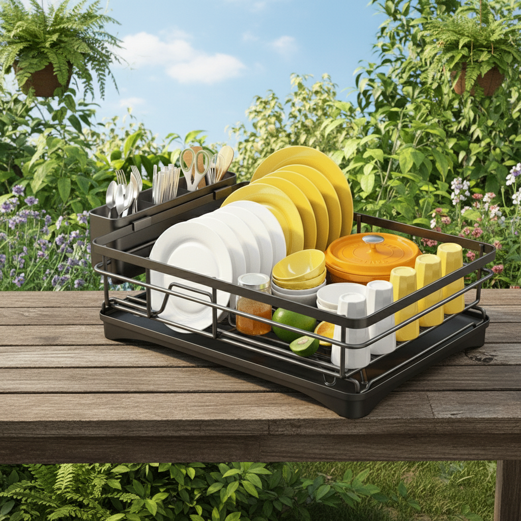 Dish rack with drainage tray, plastic and metal, 42cm, for plates, cutlery and glasses, compact kitchen organization, dish drainer | Sansoti