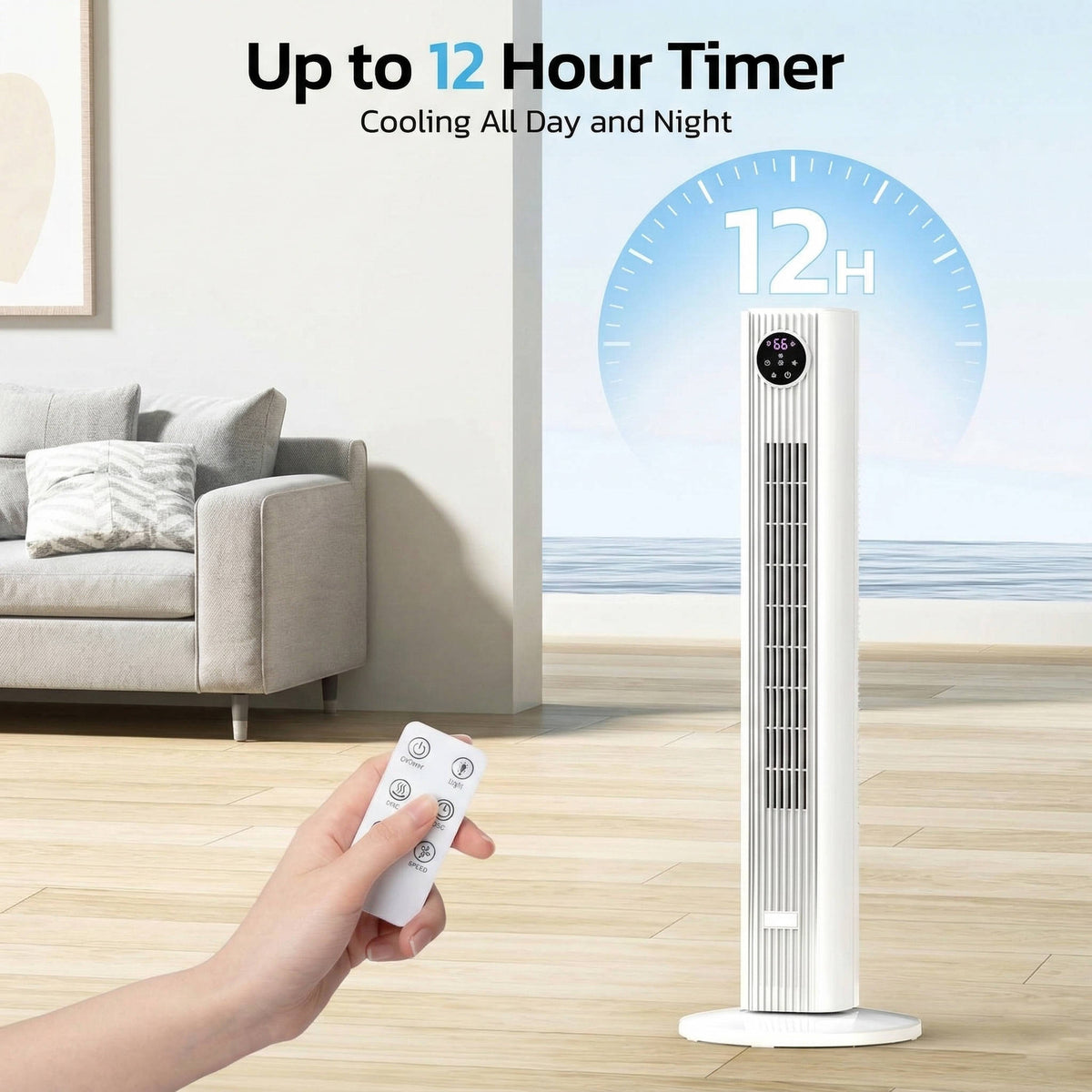Tower Fan with Remote Control, 90° Oscillation, Quiet, 4 Speeds, Timer for Bedroom and Living Room | Sansoti