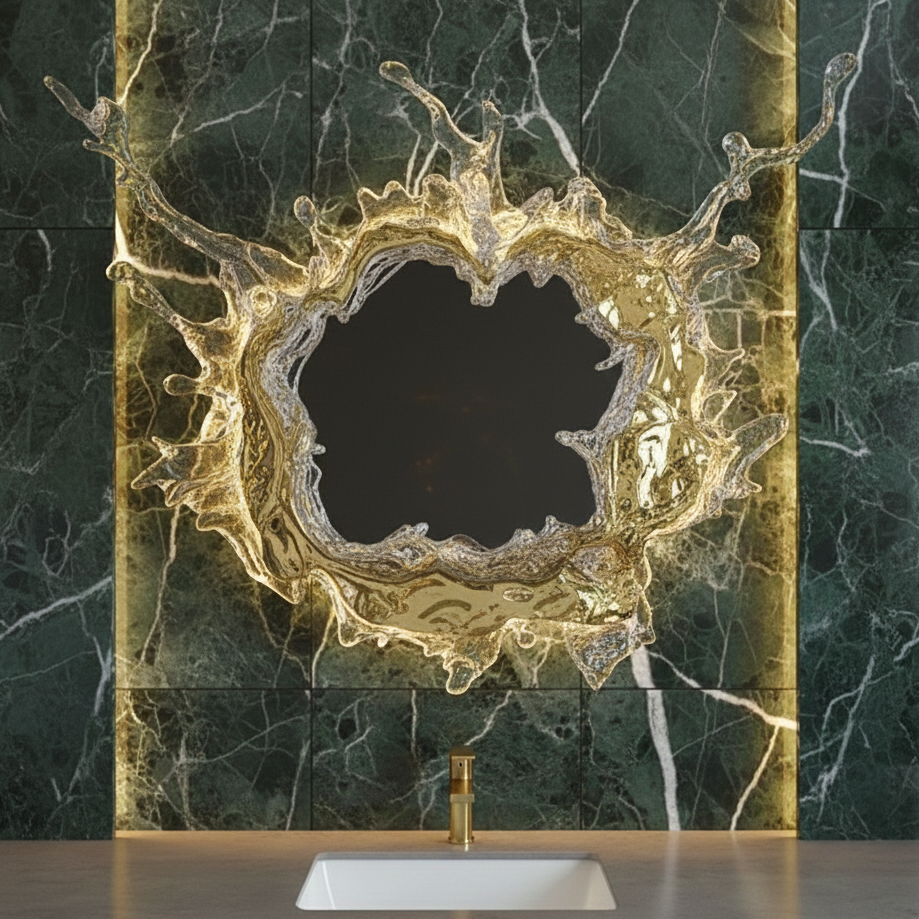 Wandlampe Spiegel mit wellenförmigem Wassereffektglas in Gold und Silber, LED-Beleuchtung für Badezimmer, Schlafzimmer und Flur, modern | Sansoti