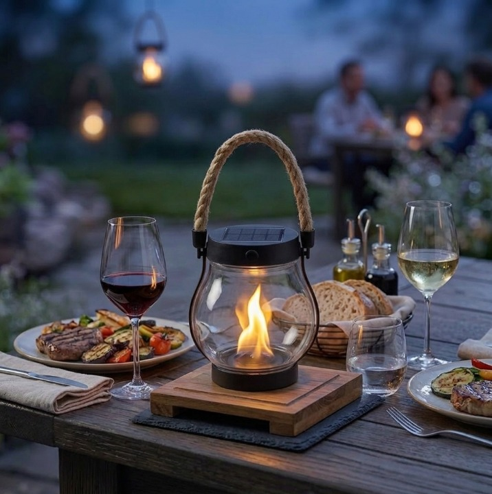 Solar Lantern Outdoor 12cm Flame Effect USB-C Rechargeable 1500mAh Automatic Garden Terrace Balcony Ambient Lighting Hemp Rope Solar Energy | Sansoti