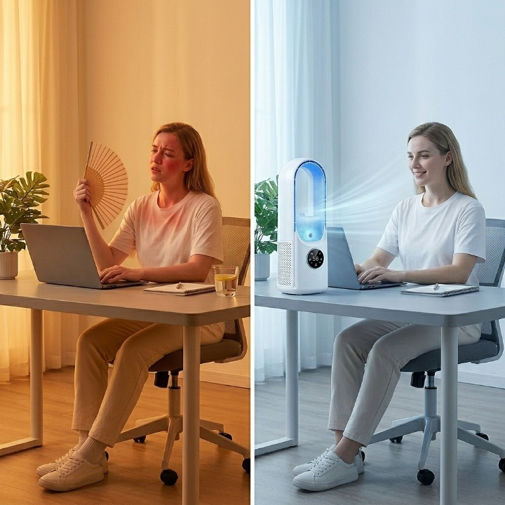 Rechargeable Table Fan Bladeless Wireless Quiet Balcony Terrace White Blue 30.5cm | Sansoti