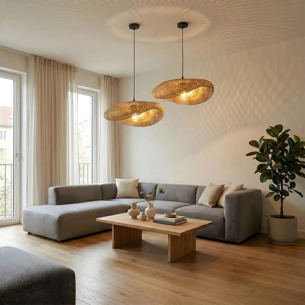 Geflochtene Bambus-Hängeleuchte E27 im skandinavischen Design für Esszimmer, Küche und Wohnzimmer, natürlich, Vintage und Boho | Sansoti