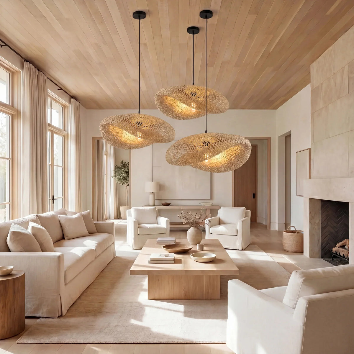 Geflochtene Bambus-Hängeleuchte E27 im skandinavischen Design für Esszimmer, Küche und Wohnzimmer, natürlich, Vintage und Boho | Sansoti