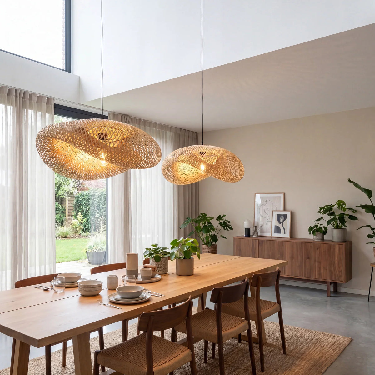 Geflochtene Bambus-Hängeleuchte E27 im skandinavischen Design für Esszimmer, Küche und Wohnzimmer, natürlich, Vintage und Boho | Sansoti