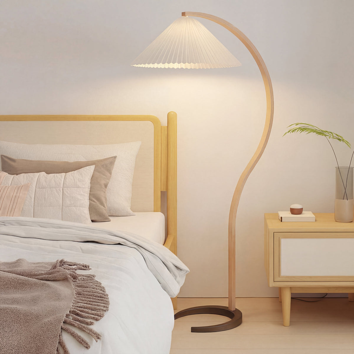Lampadaire Caprani bois de hêtre lin Ø75xH59 pouces salon éclairage design scandinave lampe arche lampe de lecture | Sansoti