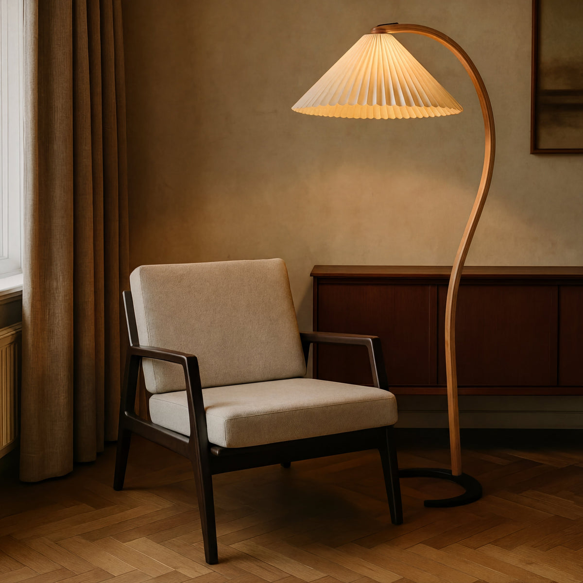 Lampadaire Caprani bois de hêtre lin Ø75xH59 pouces salon éclairage design scandinave lampe arche lampe de lecture | Sansoti