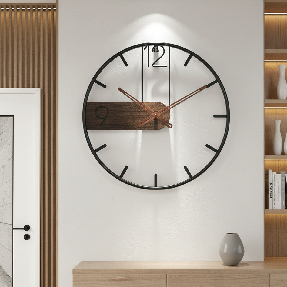 Wall Clock Walnut & Steel Minimalist Modern Design Stylish Silent Movement Living Room Scandinavian | Sansoti