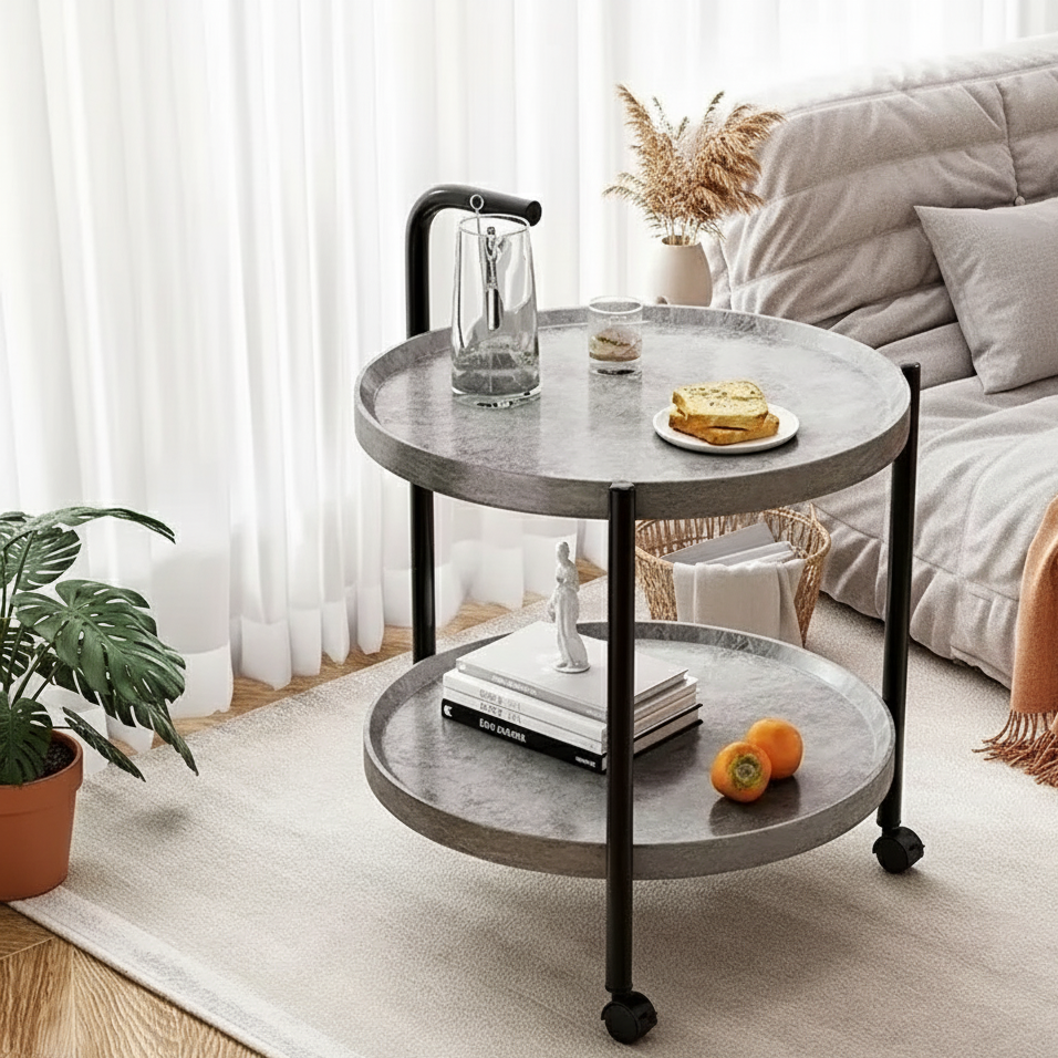 Rolling Side Table Wood Two-Tier Round 40cm Living Room Bedroom Wheels Compact Design Serving Storage | Sansoti