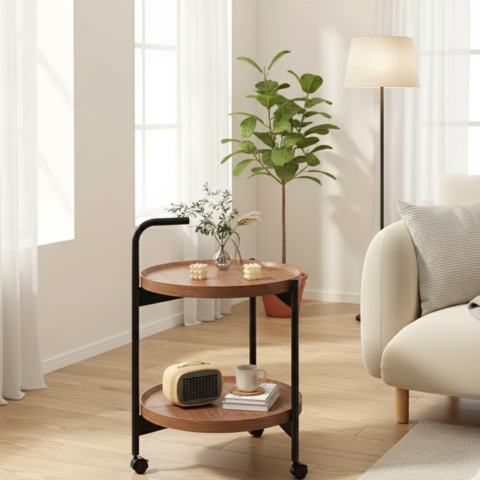 Rolling Side Table Wood Two-Tier Round 40cm Living Room Bedroom Wheels Compact Design Serving Storage | Sansoti