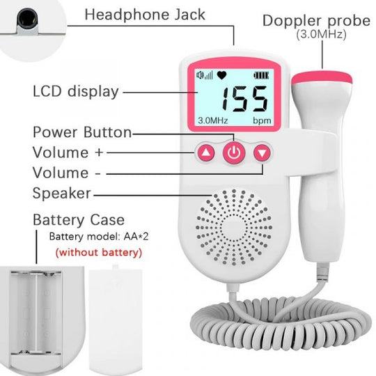 Fetaler Herzschlagmonitor-Doppler für die Schwangerschaft zur Verwendung zu Hause, tragbar, LCD-Display mit Ultraschallsensor | Sansoti