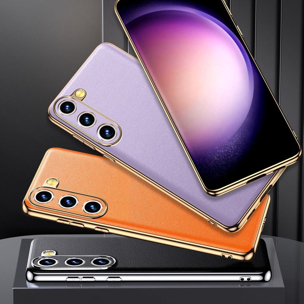 Smartphone-Hülle aus echtem Rindsleder mit metallisierten Seiten für Samsung Galaxy S21–S25 und Note 20, kabelloses Laden | Sansoti