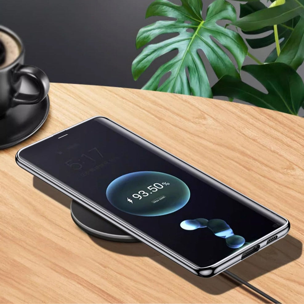 Smartphone-Hülle aus echtem Rindsleder mit metallisierten Seiten für Samsung Galaxy S21–S25 und Note 20, kabelloses Laden | Sansoti
