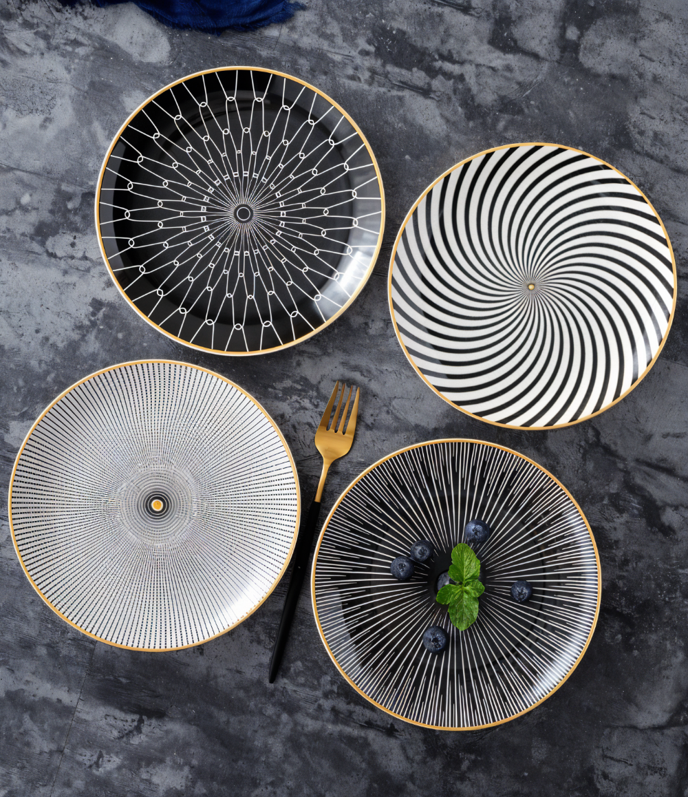 Porzellanteller Geometrisch Schwarz Weiß Goldrand Dekoratives Tafelservice Set | Sansoti