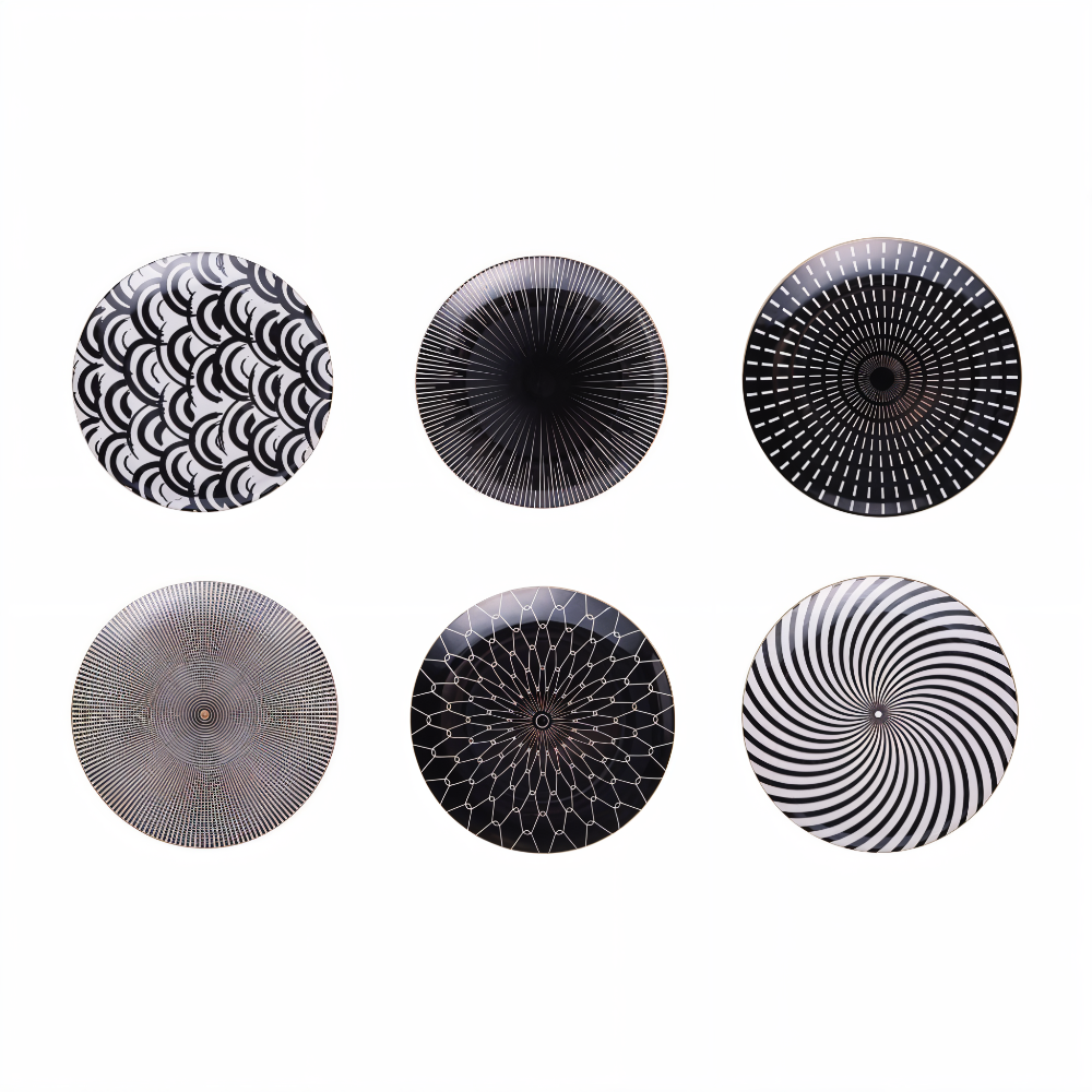 Porseleinen Bord Geometrisch Zwart Wit Goudrand Decoratief Tafelservies Set | Sansoti