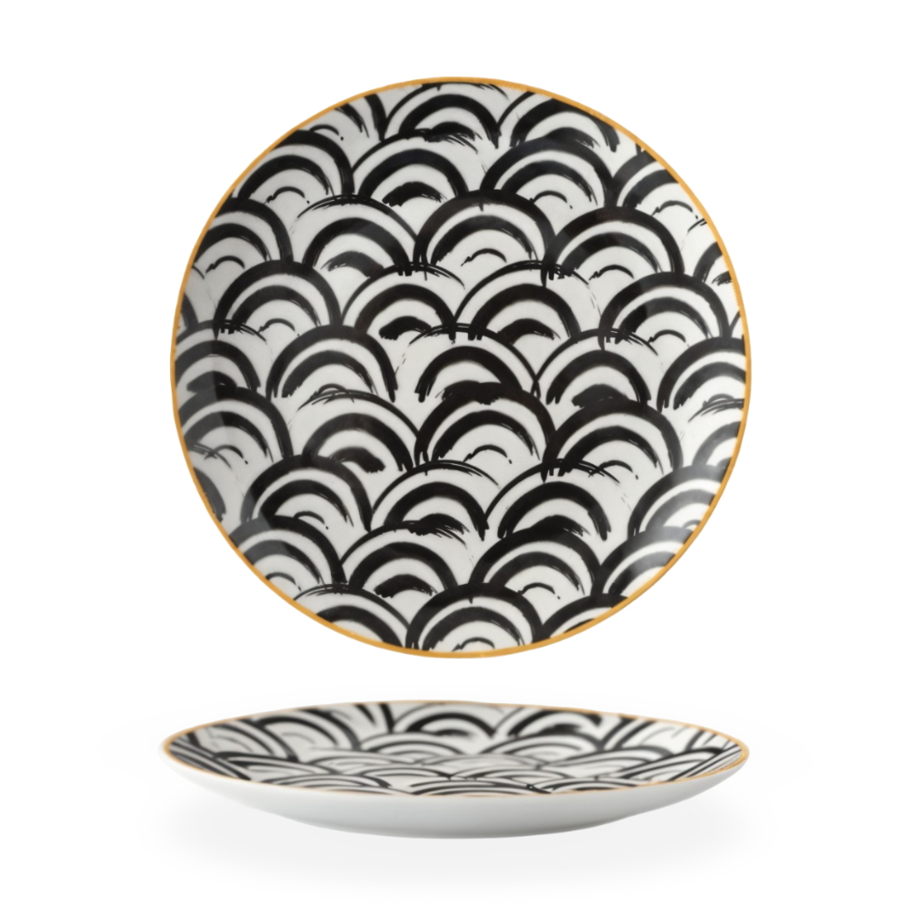 Porseleinen Bord Geometrisch Zwart Wit Goudrand Decoratief Tafelservies Set | Sansoti