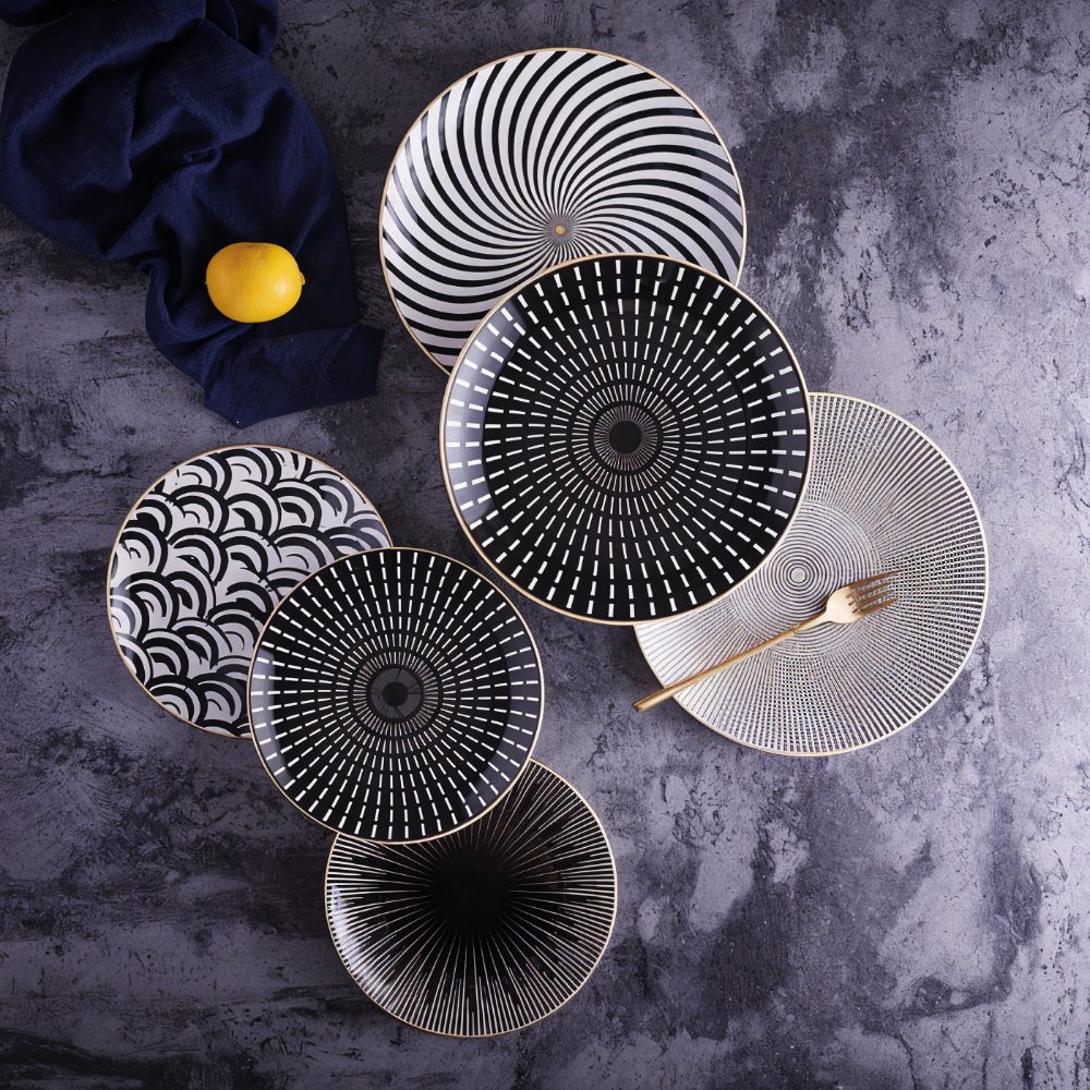 Porzellanteller Geometrisch Schwarz Weiß Goldrand Dekoratives Tafelservice Set | Sansoti