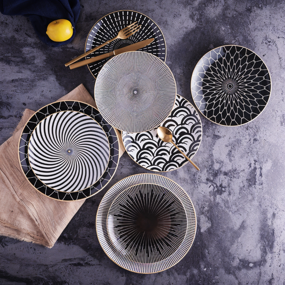 Porseleinen Bord Geometrisch Zwart Wit Goudrand Decoratief Tafelservies Set | Sansoti