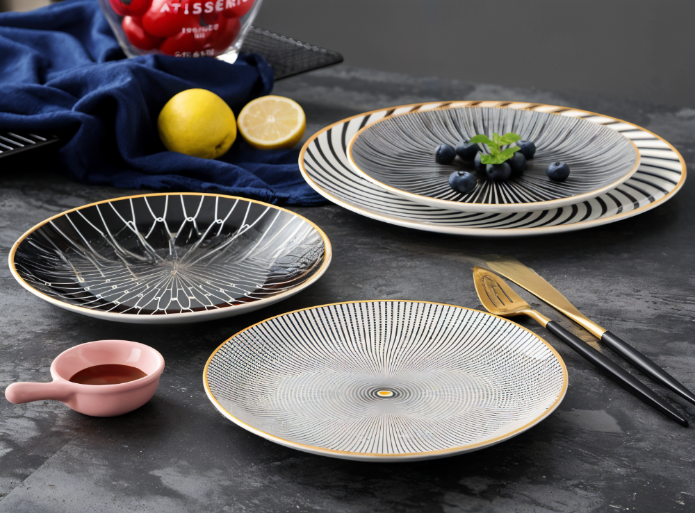 Porseleinen Bord Geometrisch Zwart Wit Goudrand Decoratief Tafelservies Set | Sansoti