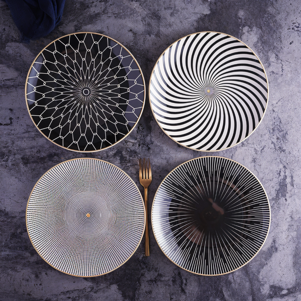 Porseleinen Bord Geometrisch Zwart Wit Goudrand Decoratief Tafelservies Set | Sansoti