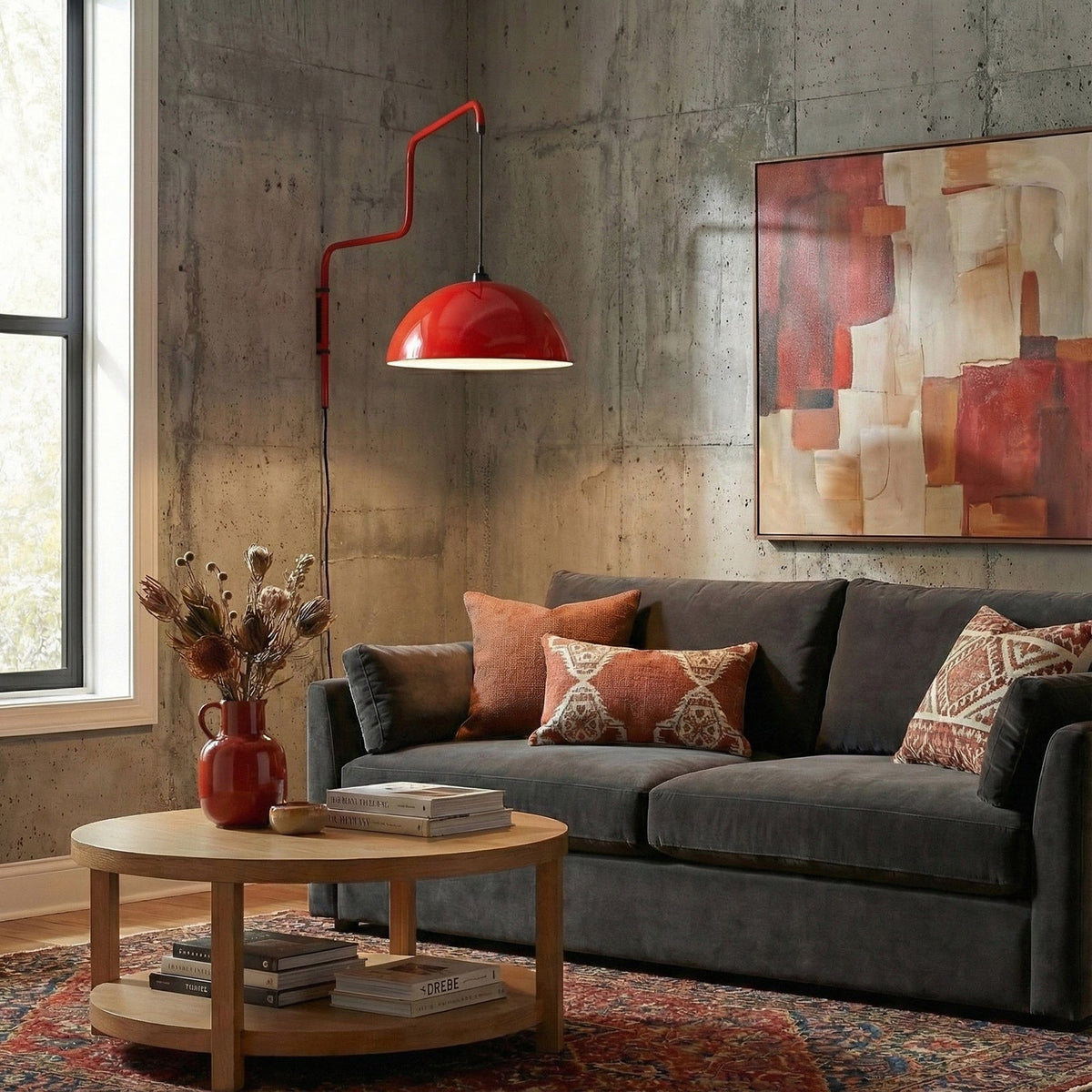 Geometric Wall Lamp Plug-In with Dim Function – Red & Black Metal Design – 3 Sizes S/M/L | Sansoti
