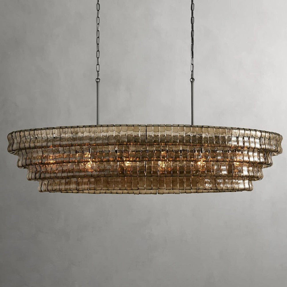 Ovale Kroonluchter met Gebogen Glas 137cm Verstelbare Hoogte Stalen Frame Eetkamer Woonkamer Hanglamp | Sansoti