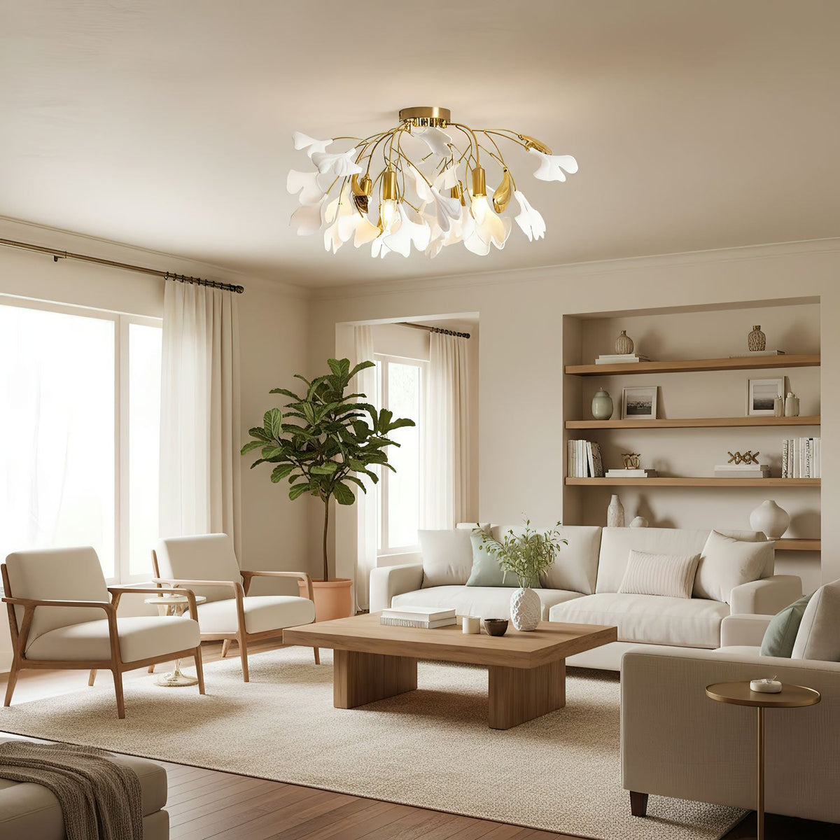 Keramische Hängelampe Ginkgo-Blatt – Goldfarbene Fassung mit weißen Blättern – Modernes, von der Natur inspiriertes Design für Wohnzimmer Esszimmer Schlafzimmer | Sansoti