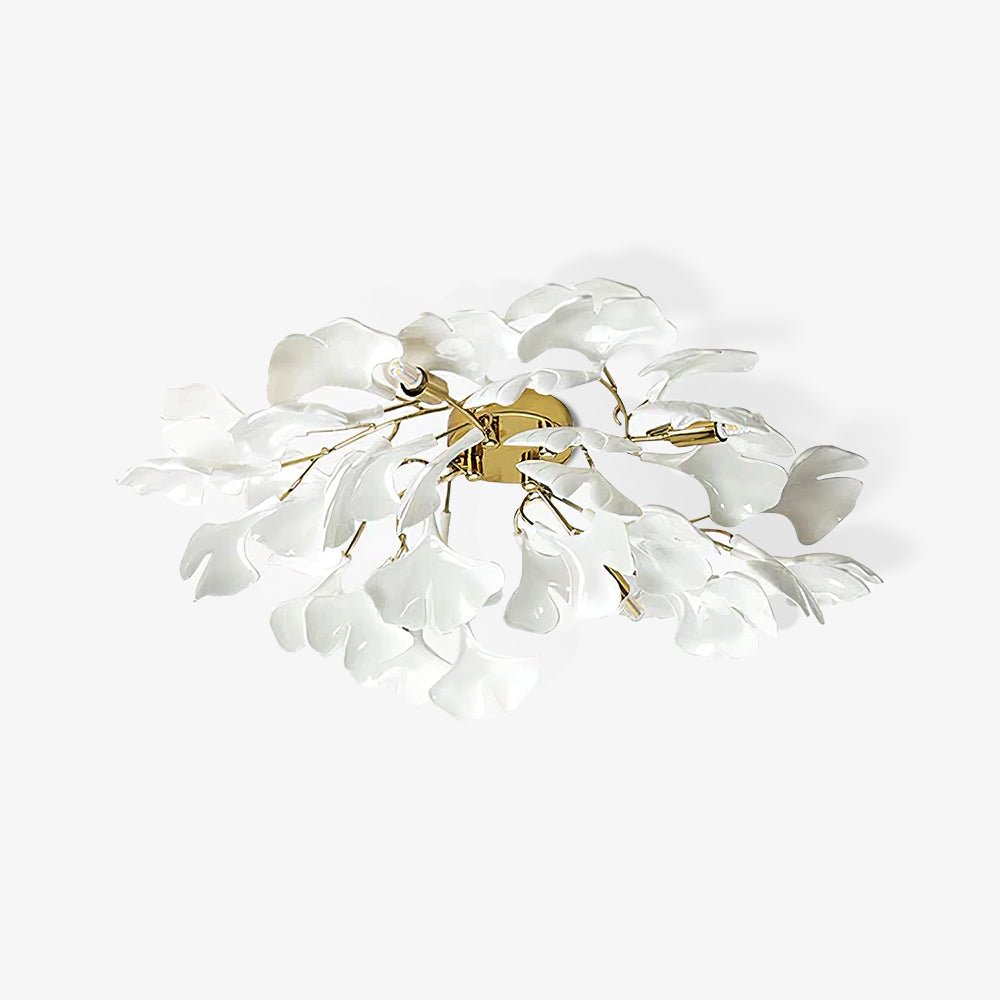 Keramische Hängelampe Ginkgo-Blatt – Goldfarbene Fassung mit weißen Blättern – Modernes, von der Natur inspiriertes Design für Wohnzimmer Esszimmer Schlafzimmer | Sansoti