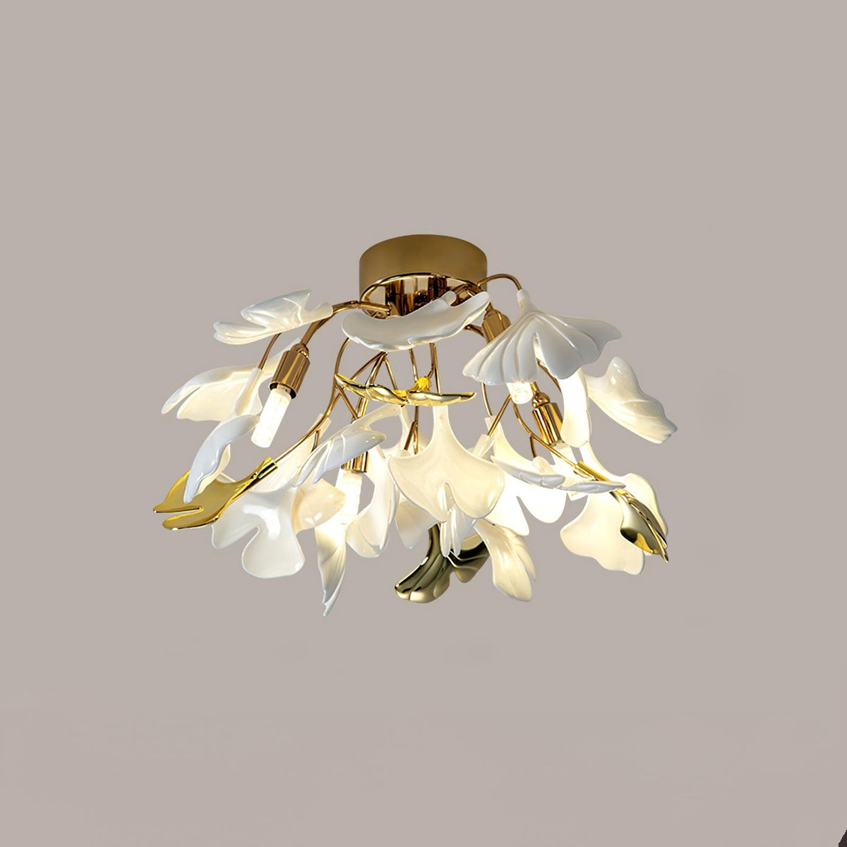 Keramische Hängelampe Ginkgo-Blatt – Goldfarbene Fassung mit weißen Blättern – Modernes, von der Natur inspiriertes Design für Wohnzimmer Esszimmer Schlafzimmer | Sansoti