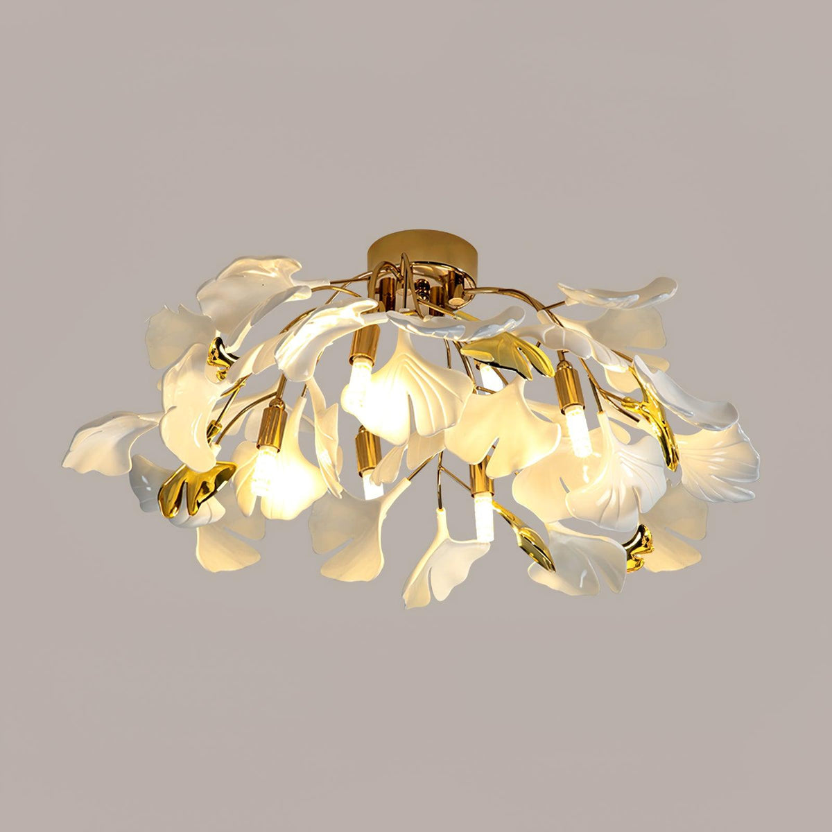 Keramische Hängelampe Ginkgo-Blatt – Goldfarbene Fassung mit weißen Blättern – Modernes, von der Natur inspiriertes Design für Wohnzimmer Esszimmer Schlafzimmer | Sansoti