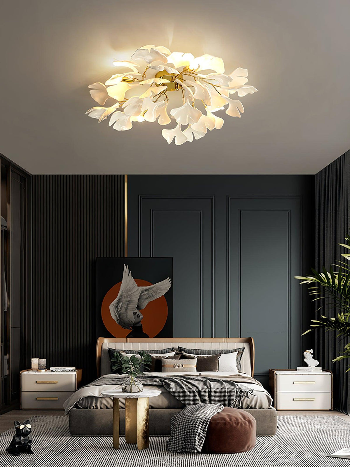 Keramische Hängelampe Ginkgo-Blatt – Goldfarbene Fassung mit weißen Blättern – Modernes, von der Natur inspiriertes Design für Wohnzimmer Esszimmer Schlafzimmer | Sansoti