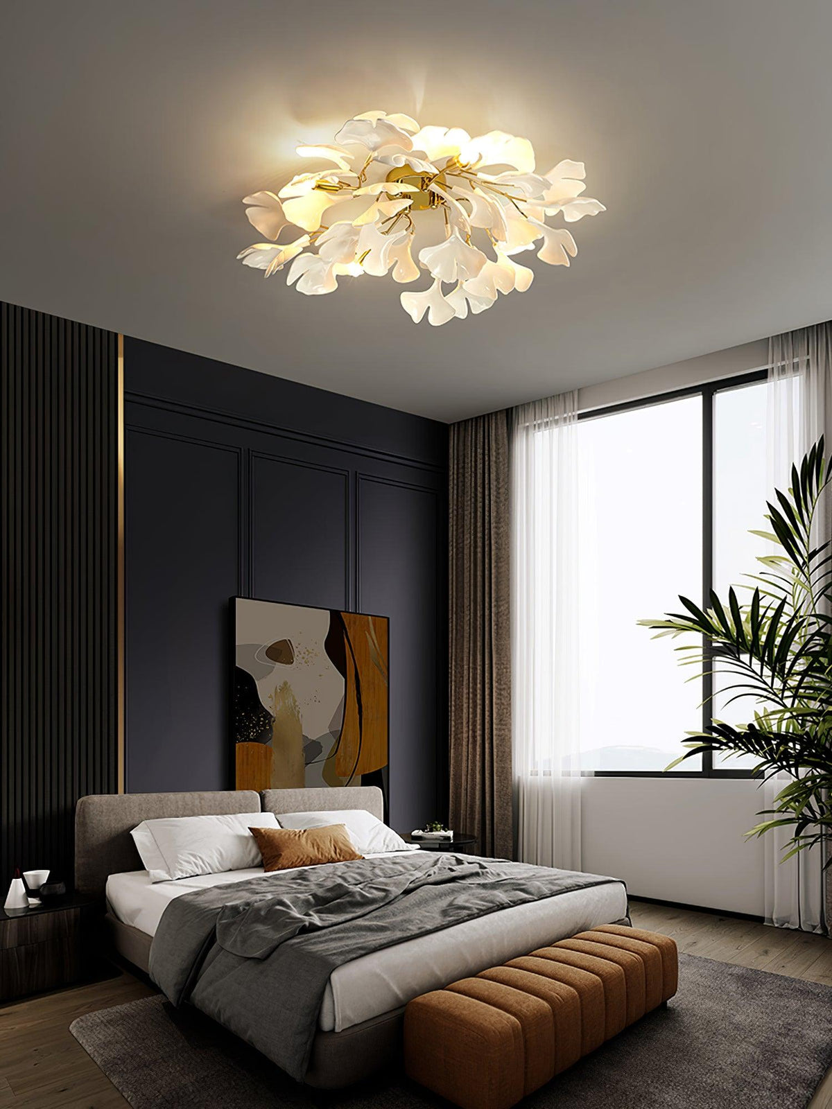 Keramische Hängelampe Ginkgo-Blatt – Goldfarbene Fassung mit weißen Blättern – Modernes, von der Natur inspiriertes Design für Wohnzimmer Esszimmer Schlafzimmer | Sansoti