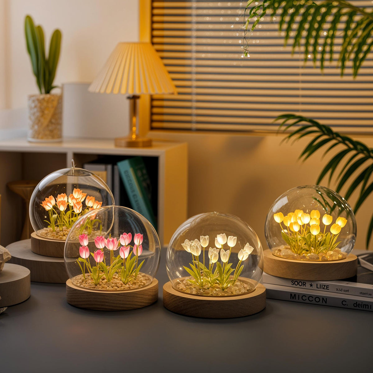 LED Tulip Lamp with Glass Dome and Warm Light for Cozy Living Room Decoration 10cm | Sansoti