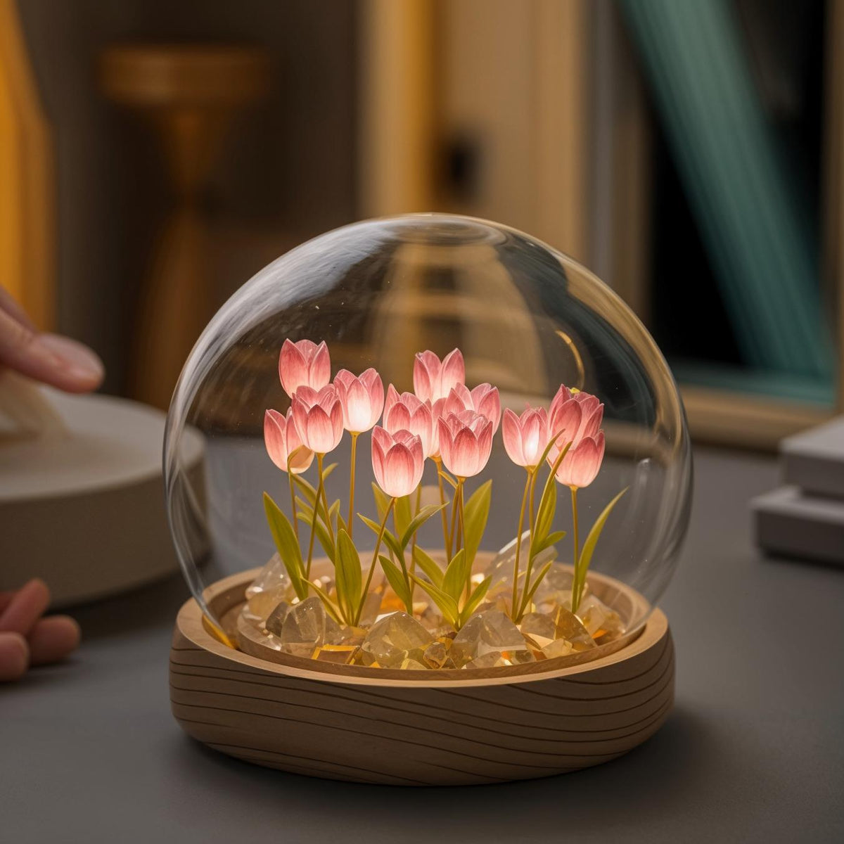 LED Tulip Lamp with Glass Dome and Warm Light for Cozy Living Room Decoration 10cm | Sansoti