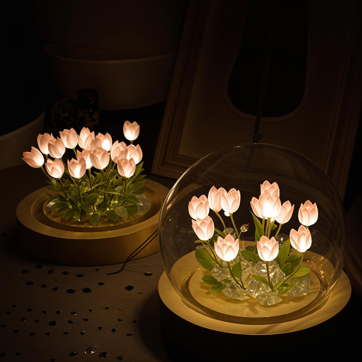 LED Tulip Lamp with Glass Dome and Warm Light for Cozy Living Room Decoration 10cm | Sansoti