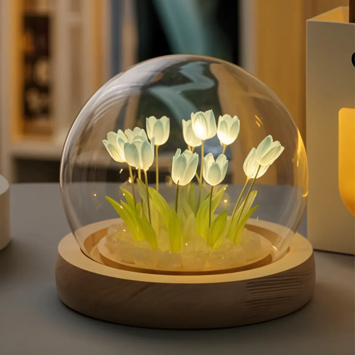 LED Tulip Lamp with Glass Dome and Warm Light for Cozy Living Room Decoration 10cm | Sansoti