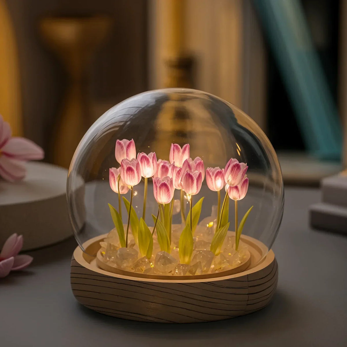 LED Tulip Lamp with Glass Dome and Warm Light for Cozy Living Room Decoration 10cm | Sansoti