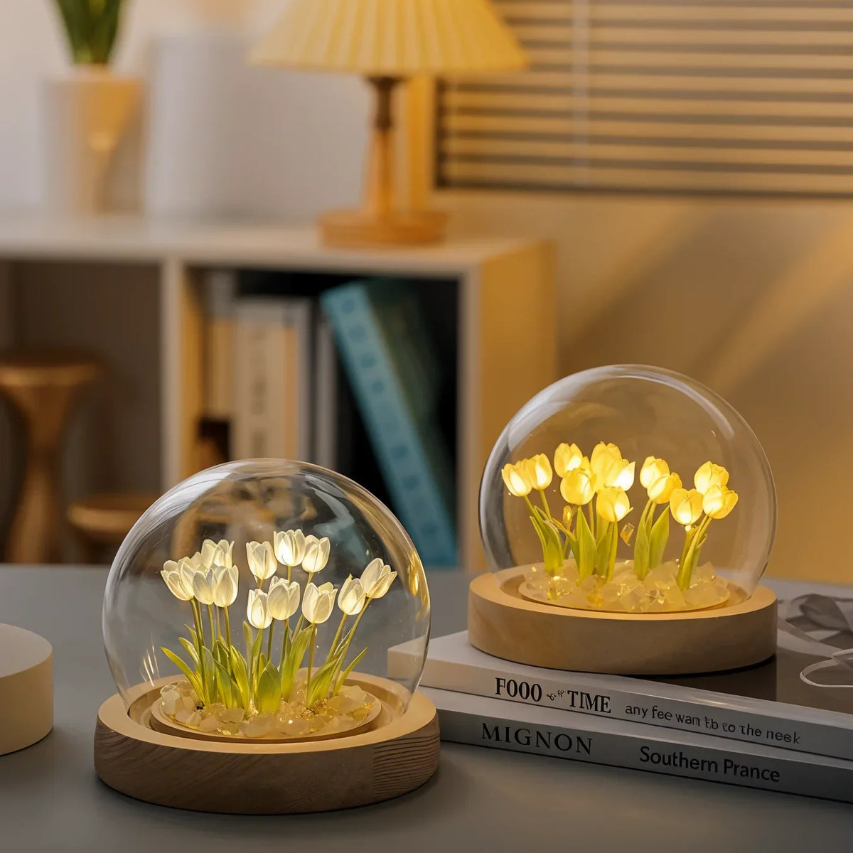 LED Tulip Lamp with Glass Dome and Warm Light for Cozy Living Room Decoration 10cm | Sansoti