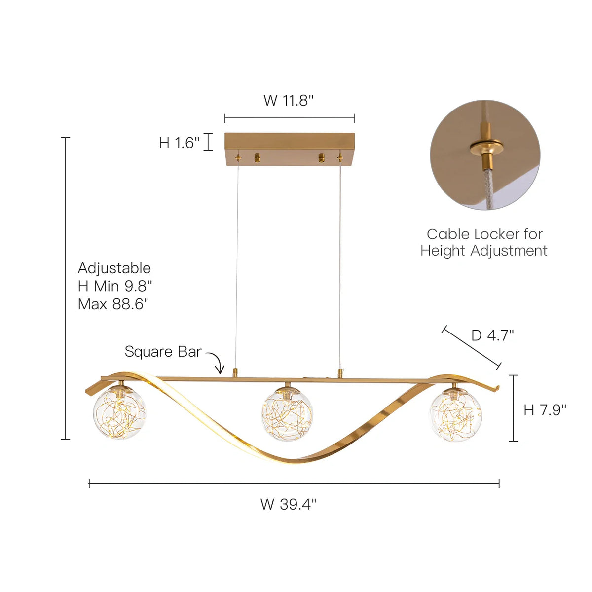 Lampa wisząca liniowa, szklane kule, taśma LED, złoto i chrom, 100 cm, jadalnia, wyspa kuchenna, nowoczesna | Sansoti