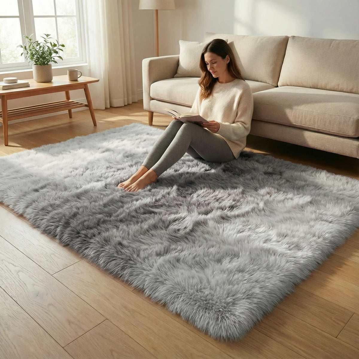 Hochflor Plüsch Teppich mit Farbverlauf – Rutschfest & 4 cm Dicke für luxuriösen Komfort im Wohnzimmer, Schlafzimmer oder Flur | Sansoti