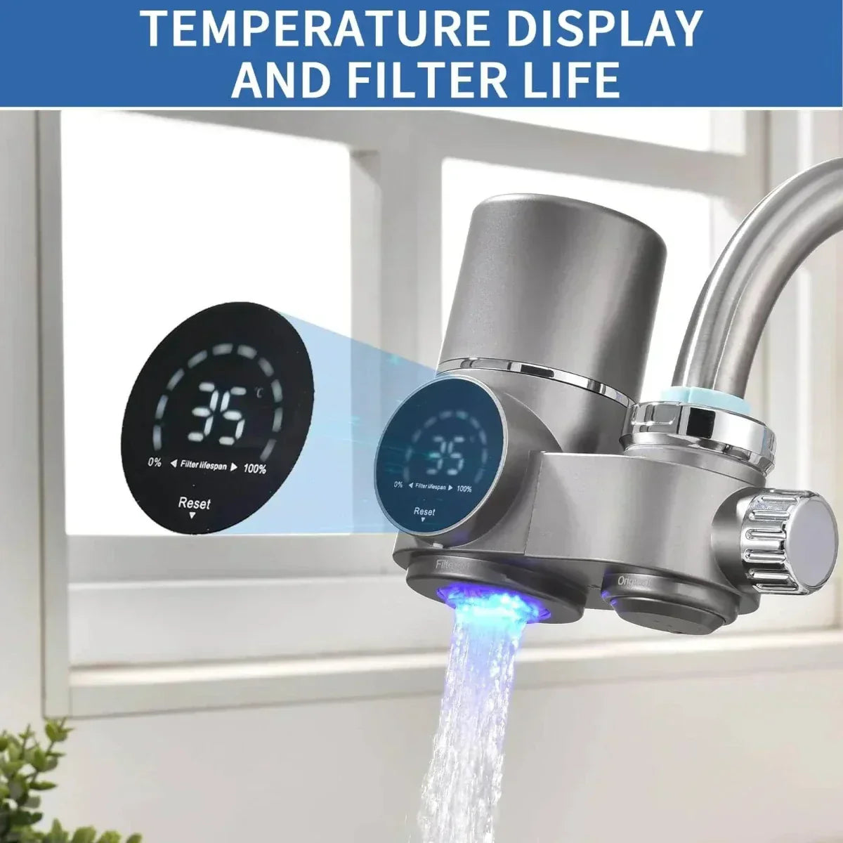 Filtre à eau pour robinet avec affichage de la température par LED en ABS et acier inoxydable, deux modes, purification de l’eau du robinet de cuisine | Sansoti