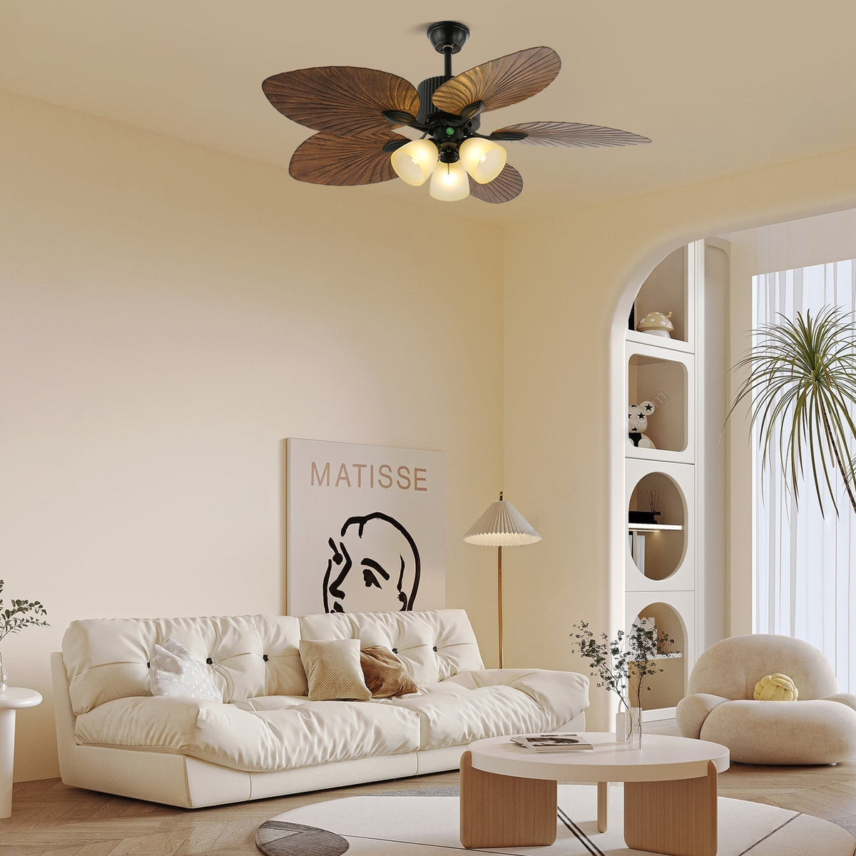 Ventilateur de plafond en bois tropical avec éclairage – télécommande 6 vitesses | Sansoti