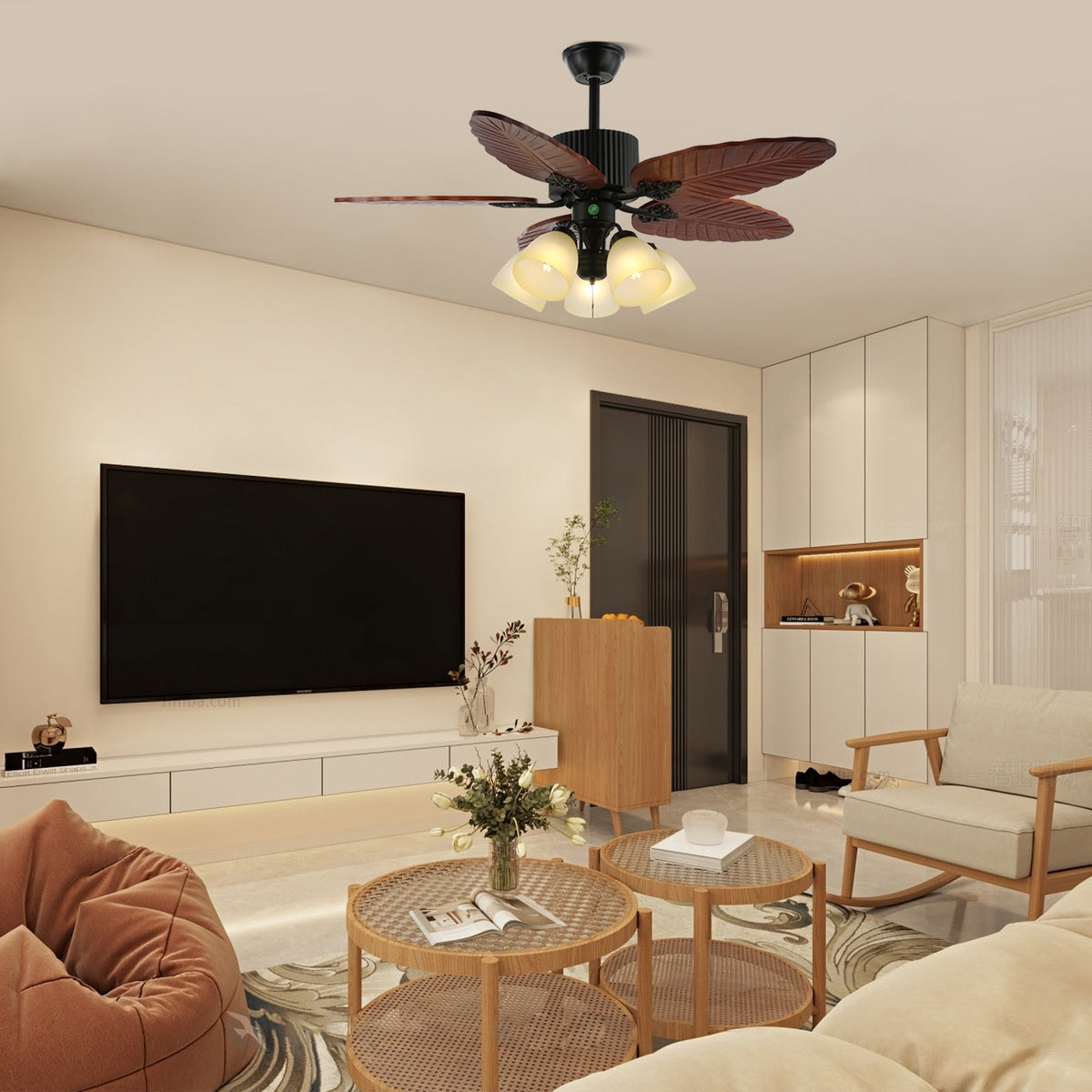 Tropical ceiling fan with lighting and remote control – Natural design with glass shade | Sansoti