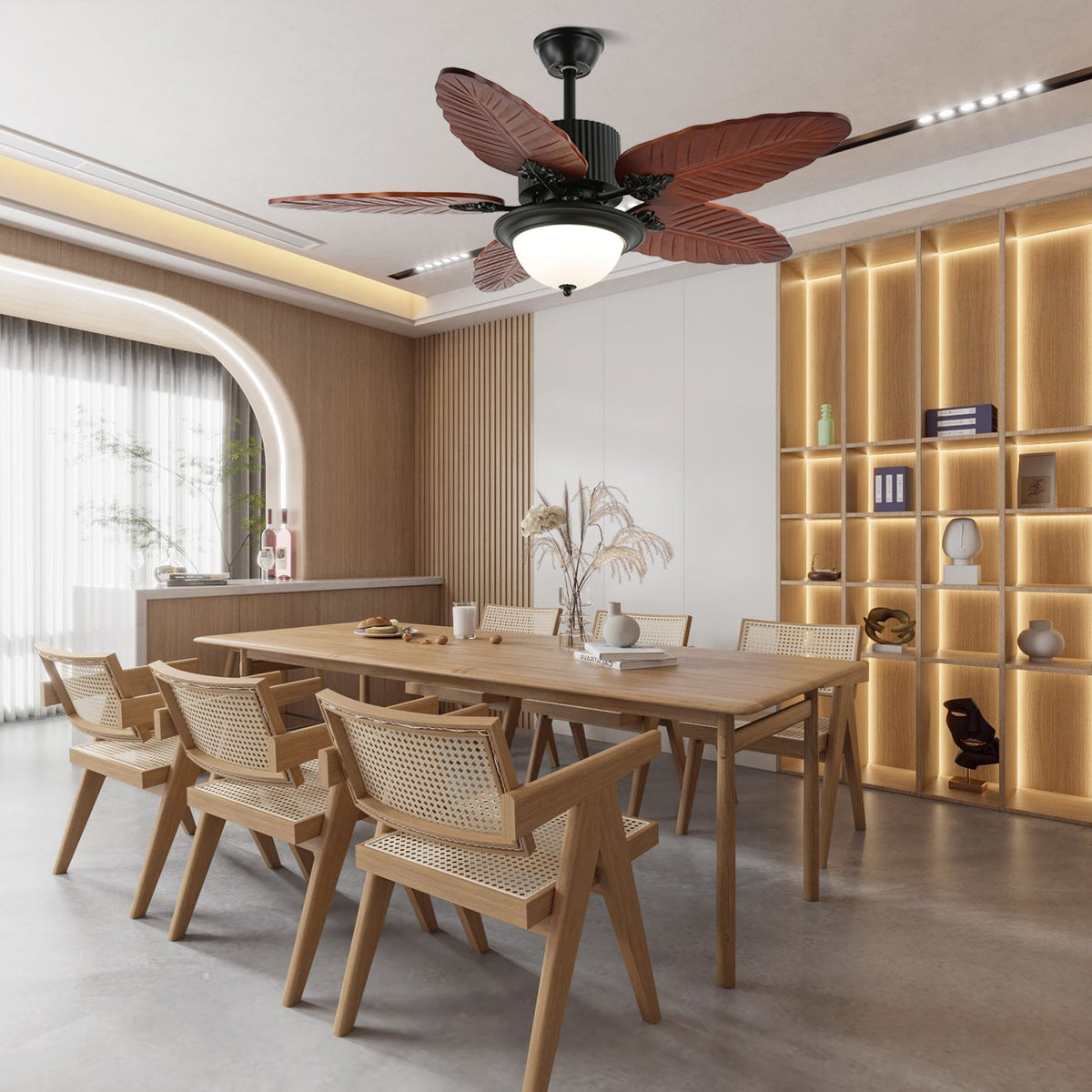 Tropical ceiling fan with lighting and remote control – Natural design with glass shade | Sansoti