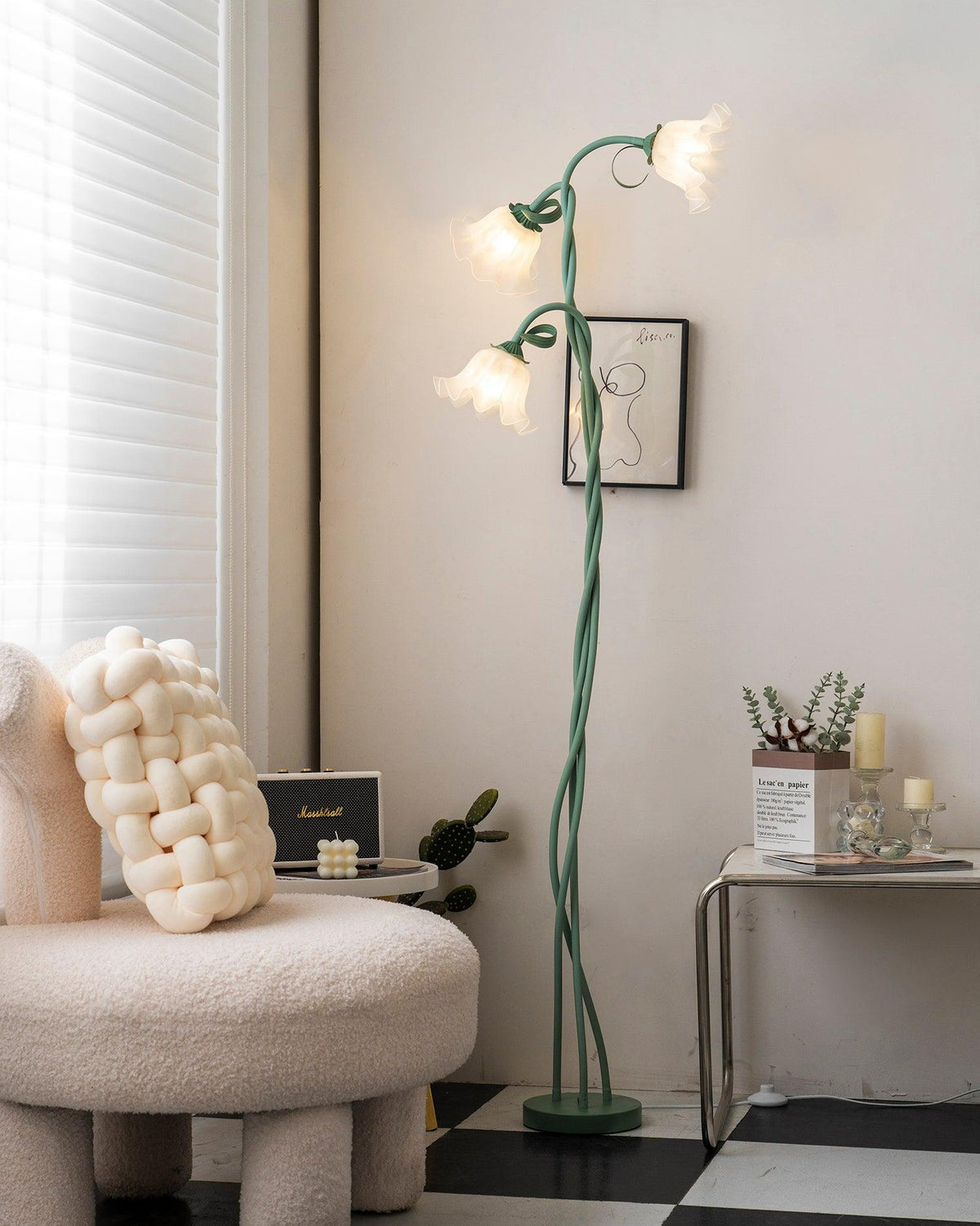 Stehlampe Blumen-Design Grün Weiß Metall 170cm 2-3-flammig LED Stimmungslicht Wohnzimmer Schlafzimmer | Sansoti
