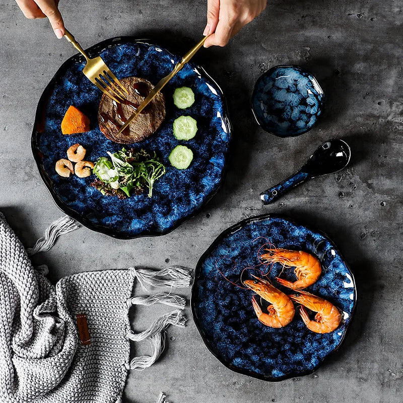 10-Piece Dinnerware Set Milky Way Design Blue Ceramic for Daily Use and Holidays | Sansoti
