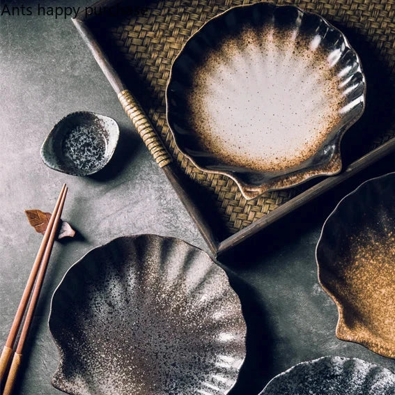 Ceramic Shell-Shaped Plates White Black Brown Tableware Coastal Dining | Sansoti
